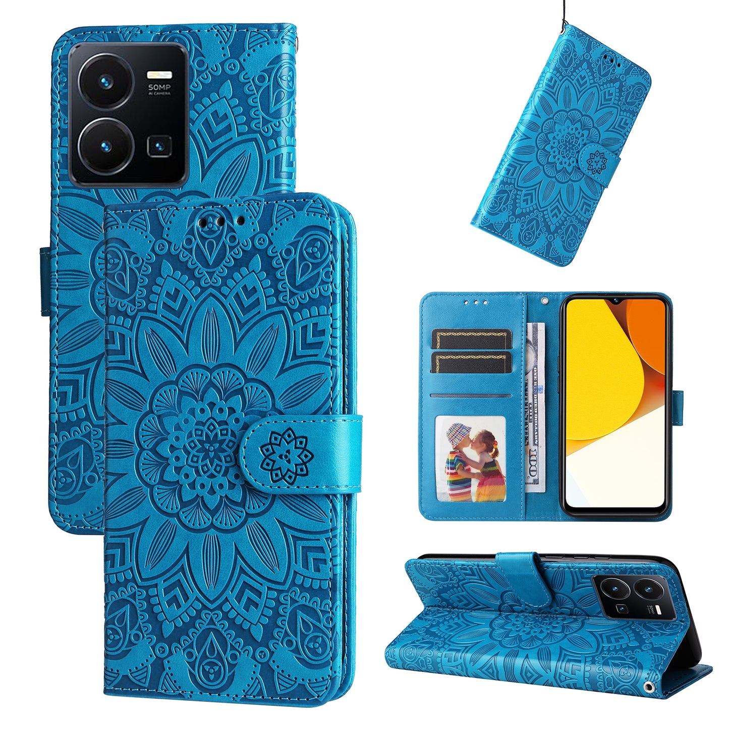 vivo Y35 4G Sunflower Embossed Leather Wallet Phone Case with Kickstand and Card Holder