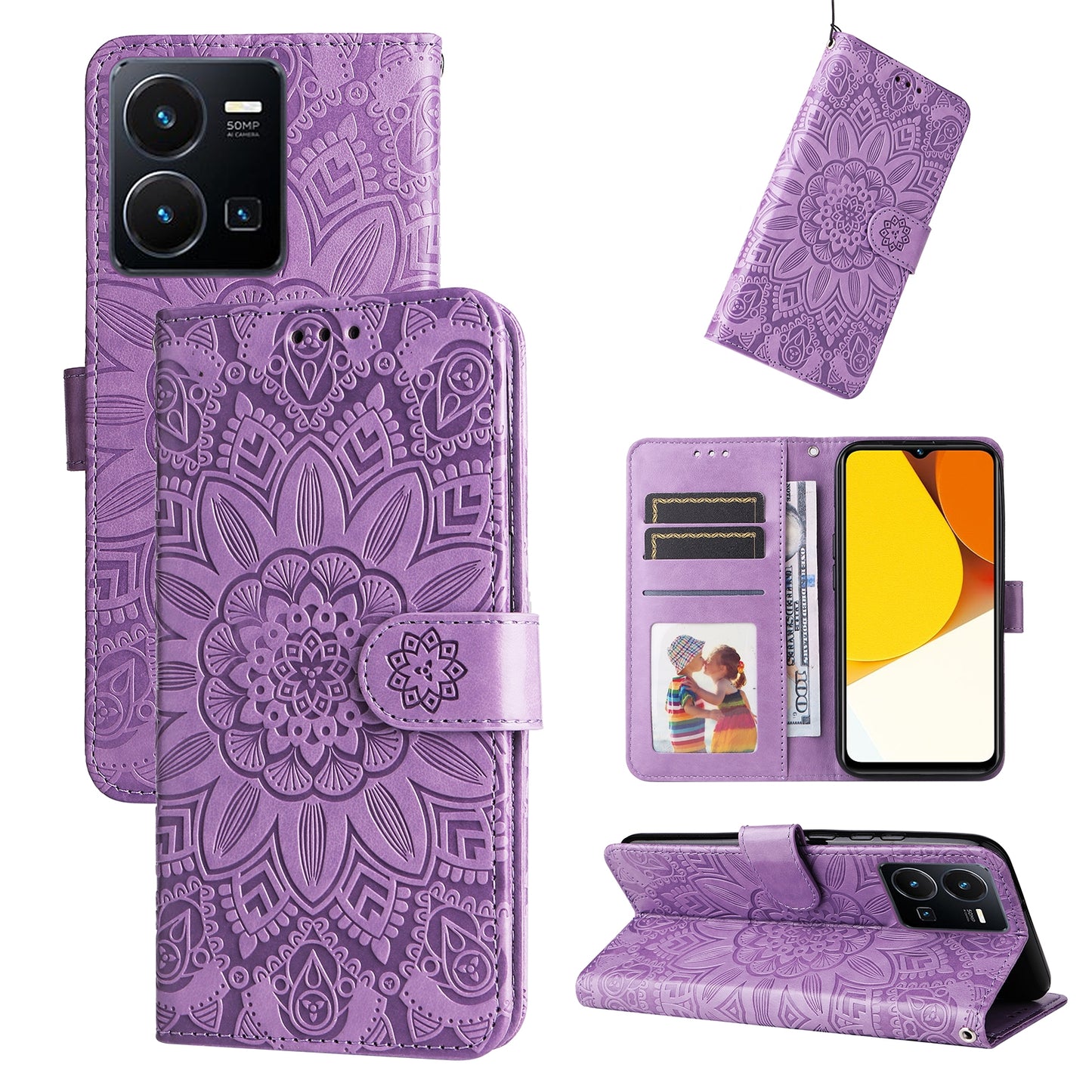 vivo Y35 4G Sunflower Embossed Leather Wallet Phone Case with Kickstand and Card Holder