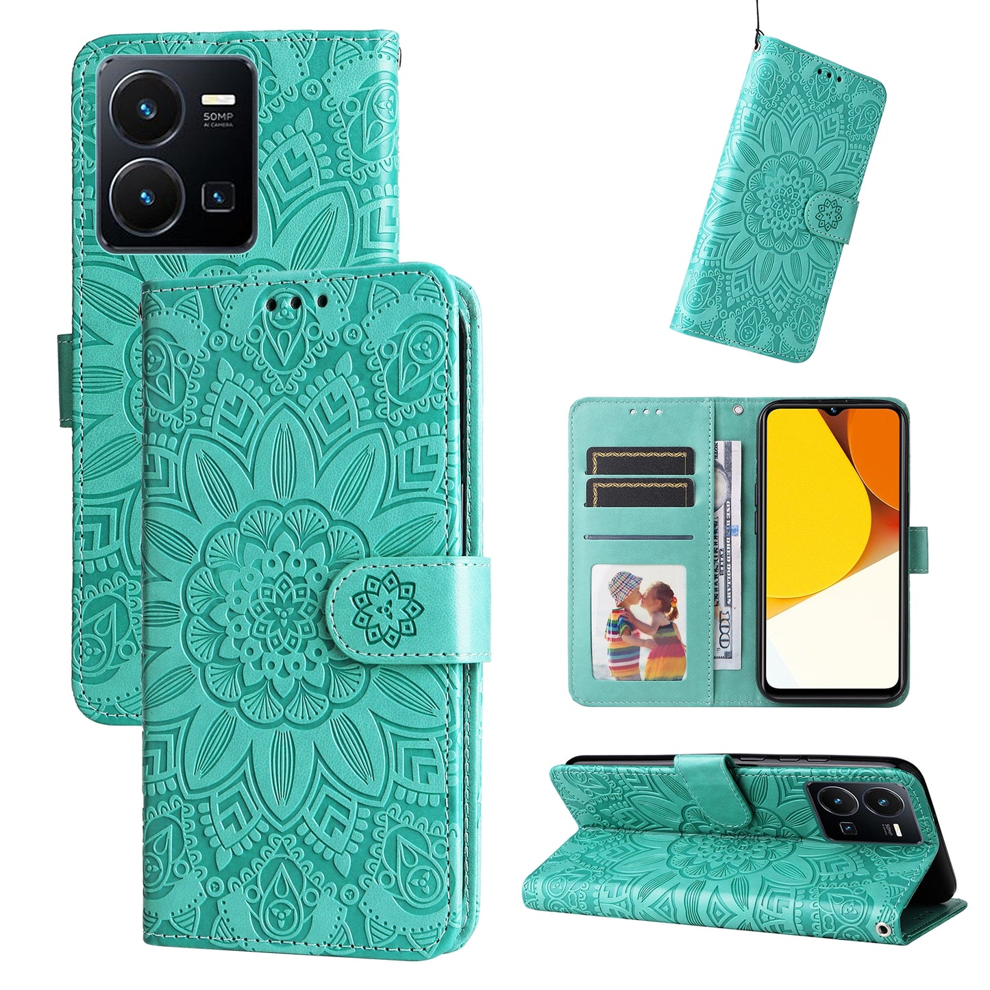 vivo Y35 4G Sunflower Embossed Leather Wallet Phone Case with Kickstand and Card Holder