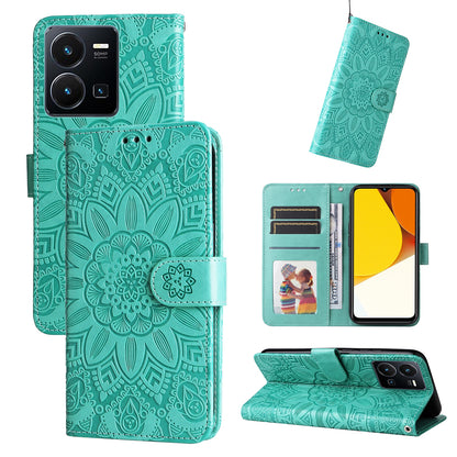 vivo Y22s Sunflower Embossed Leather Wallet Phone Case with Kickstand and Card Holder