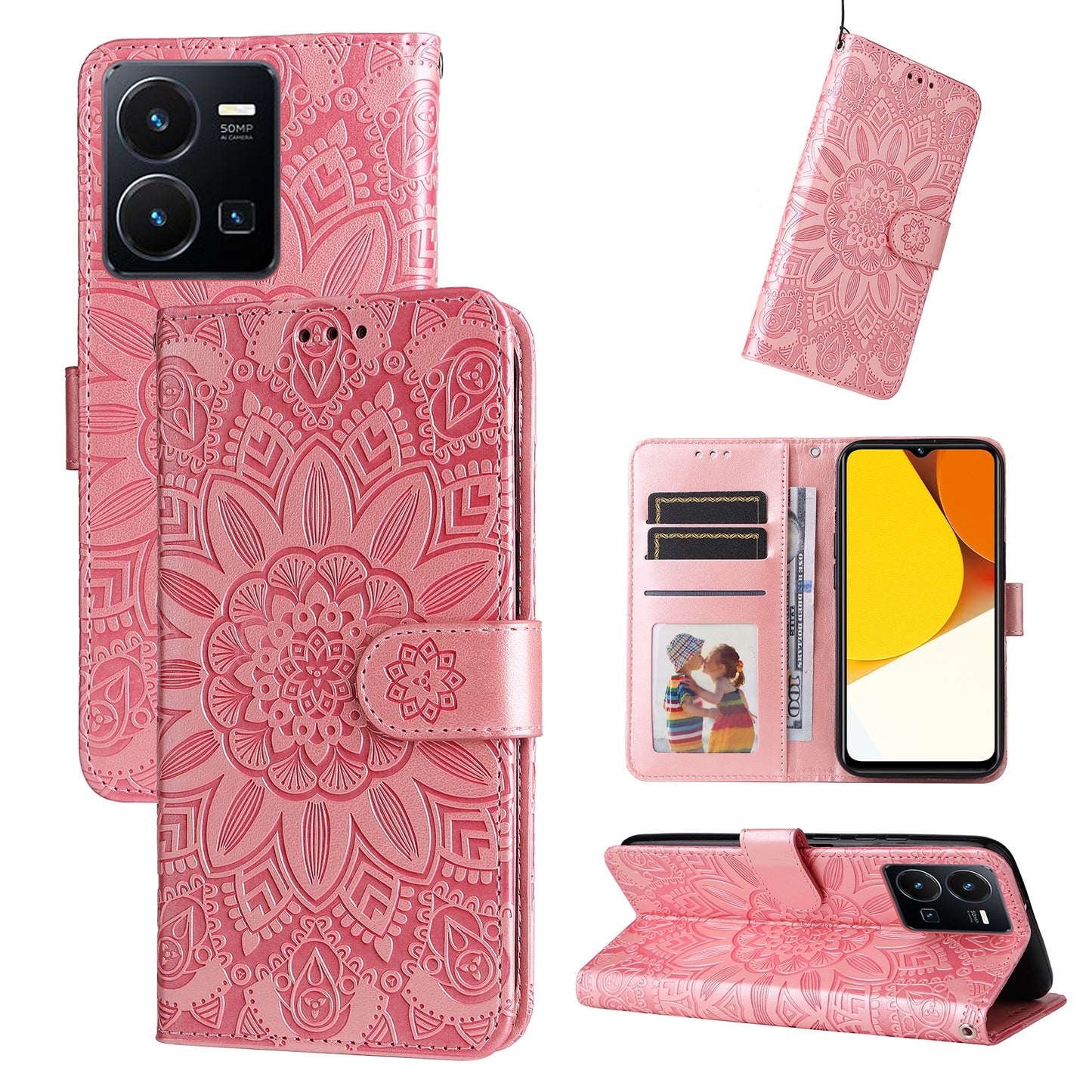 vivo Y35 4G Sunflower Embossed Leather Wallet Phone Case with Kickstand and Card Holder