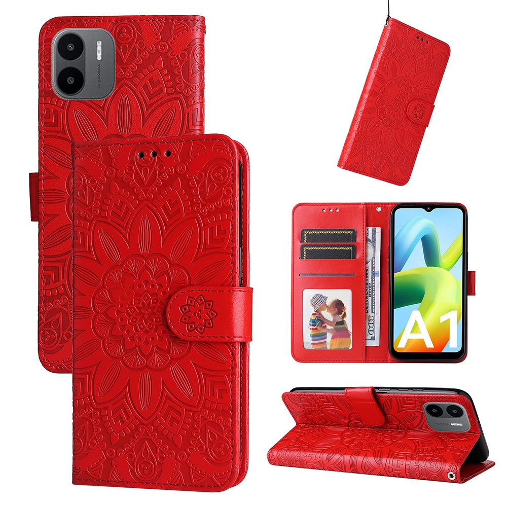 Xiaomi Redmi A1 4G Sunflower Embossed Leather Wallet Phone Case with Kickstand and Card Holder