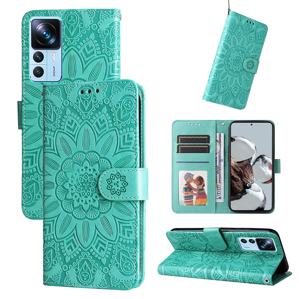 Xiaomi 12T Sunflower Embossed Leather Wallet Phone Case with Kickstand and Card Holder