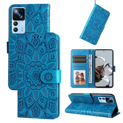 Xiaomi 12T Pro Sunflower Embossed Leather Wallet Phone Case with Kickstand and Card Holder