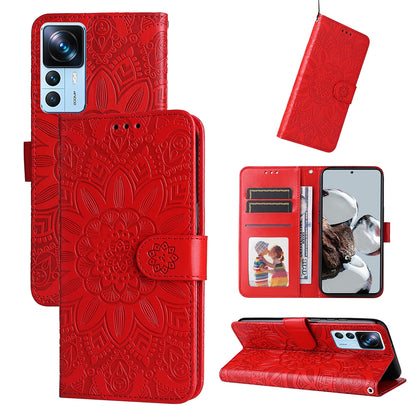 Xiaomi 12T Sunflower Embossed Leather Wallet Phone Case with Kickstand and Card Holder