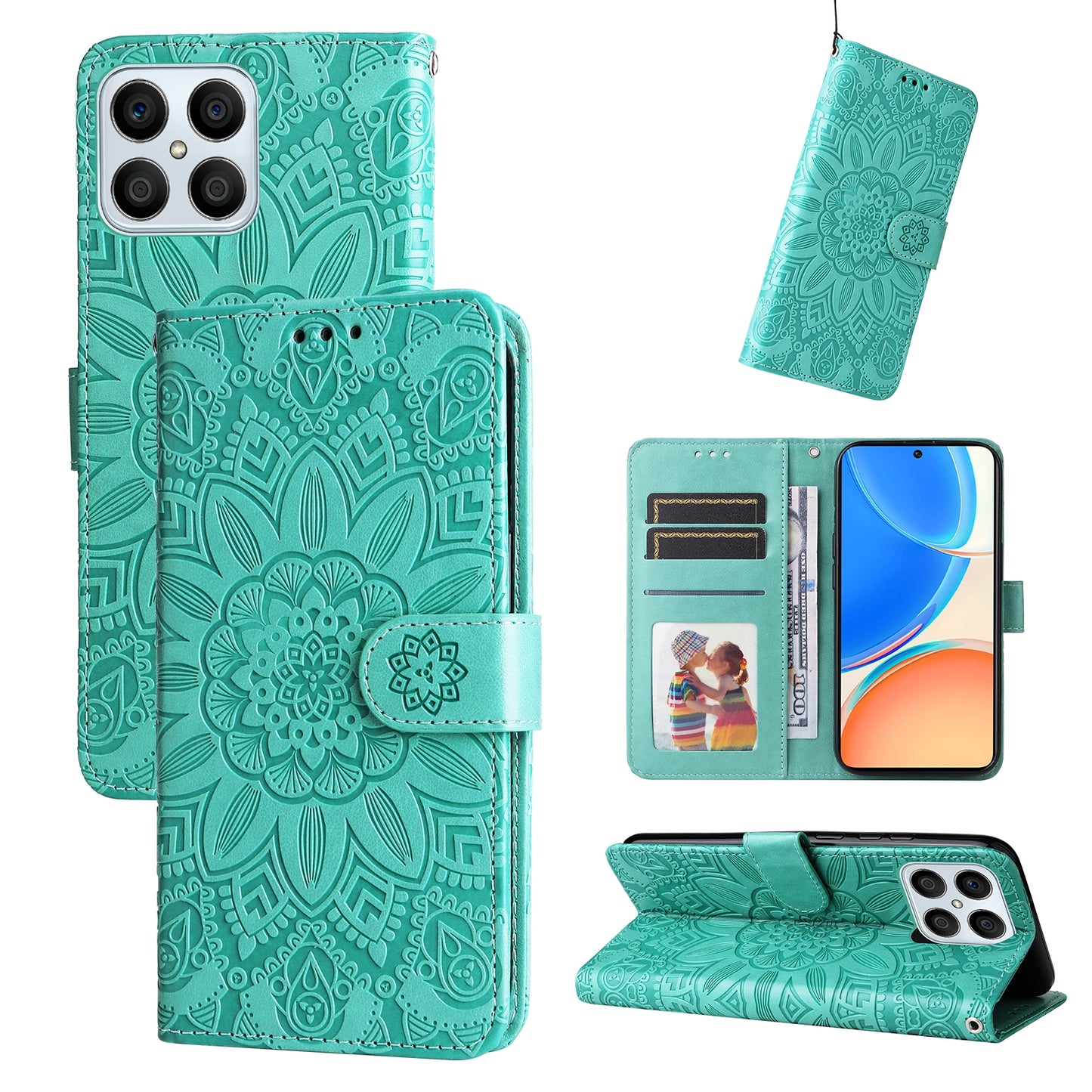 Honor X8 5G Sunflower Embossed Leather Wallet Phone Case with Kickstand and Card Holder