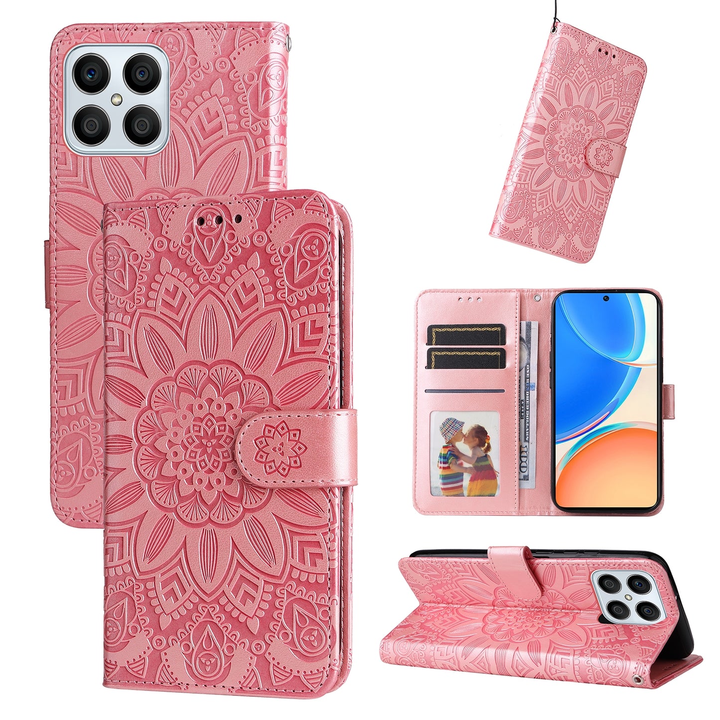 Honor X6 Sunflower Embossed Leather Wallet Phone Case with Kickstand and Card Holder