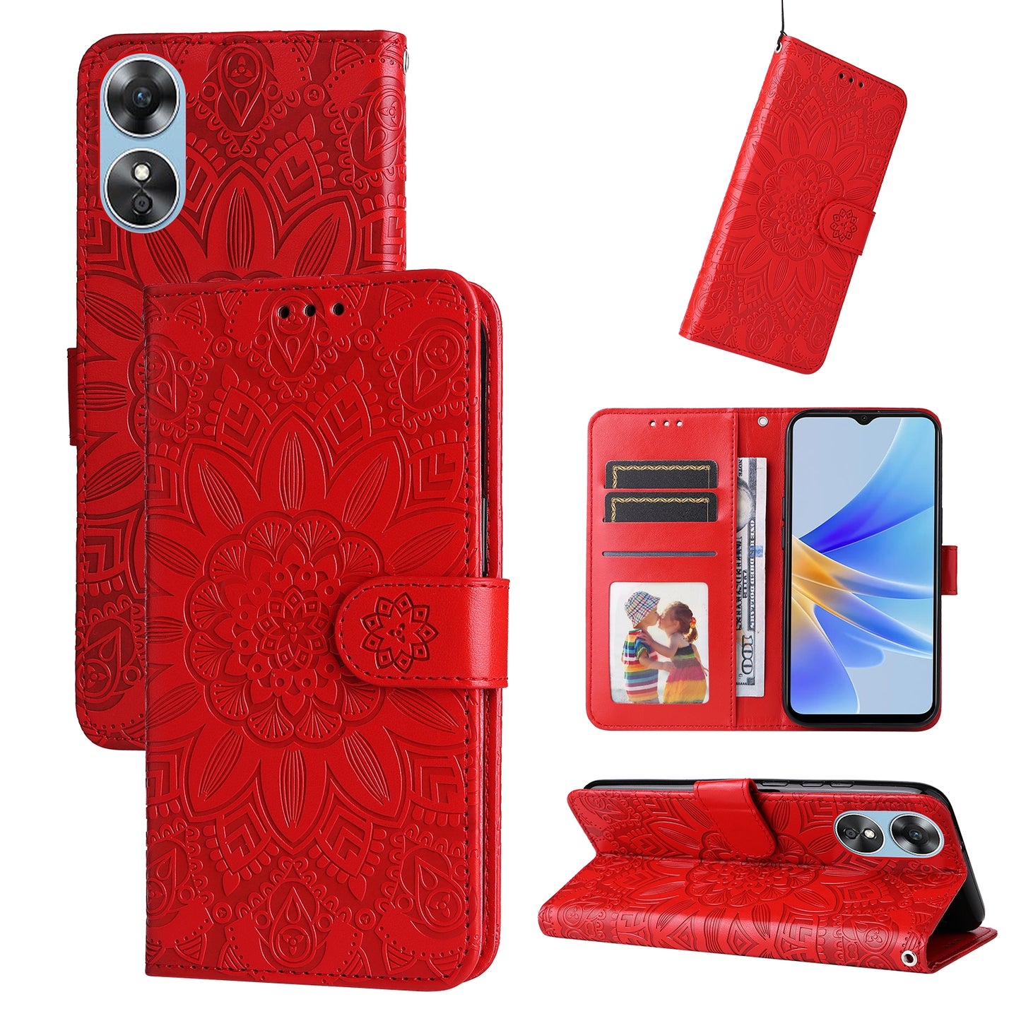 OPPO A17 Sunflower Embossed Leather Wallet Phone Case with Kickstand and Card Holder