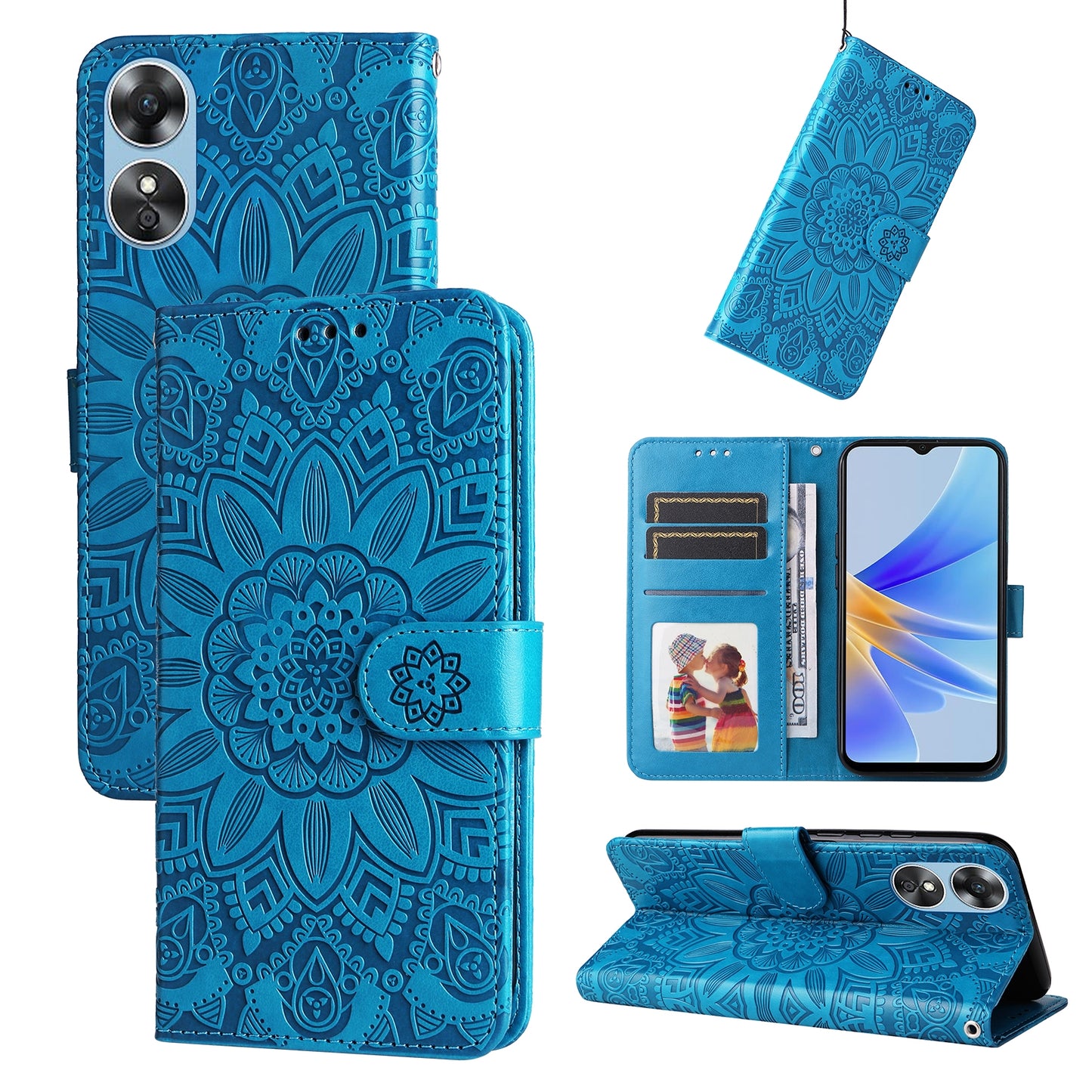 OPPO A17 Sunflower Embossed Leather Wallet Phone Case with Kickstand and Card Holder