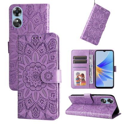 OPPO A17 Sunflower Embossed Leather Wallet Phone Case with Kickstand and Card Holder