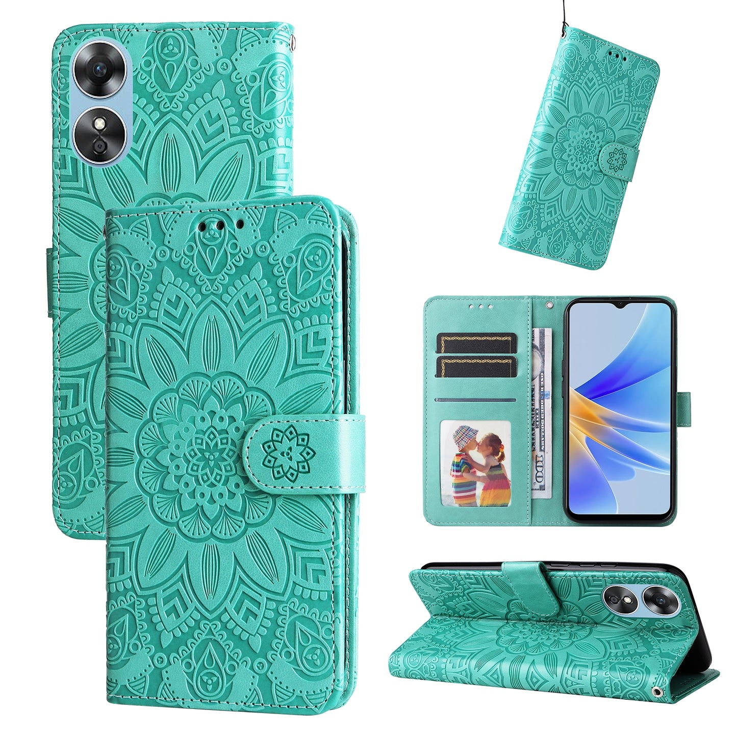 OPPO A17 Sunflower Embossed Leather Wallet Phone Case with Kickstand and Card Holder