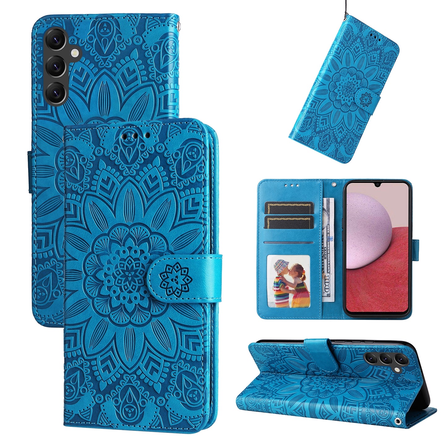 Samsung Galaxy A14 5G Sunflower Embossed Leather Wallet Phone Case with Kickstand and Card Holder