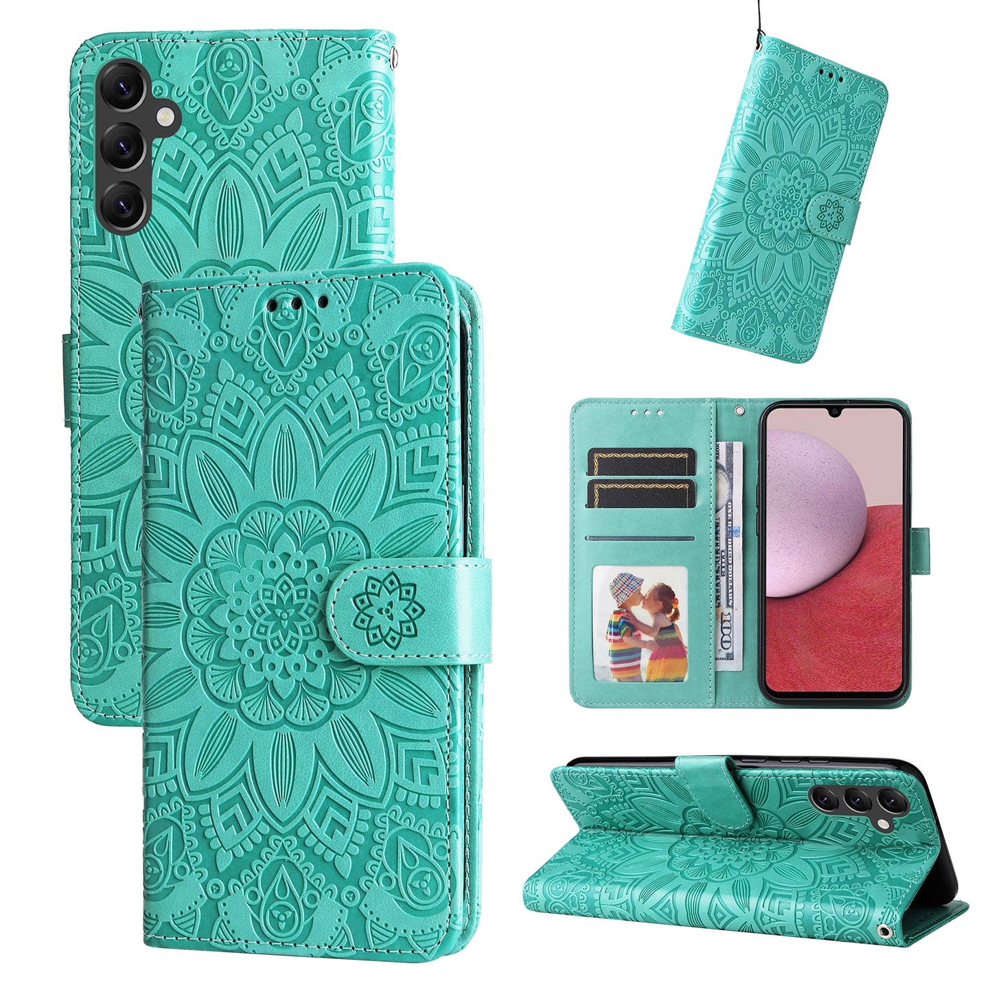 Samsung Galaxy A14 5G Sunflower Embossed Leather Wallet Phone Case with Kickstand and Card Holder