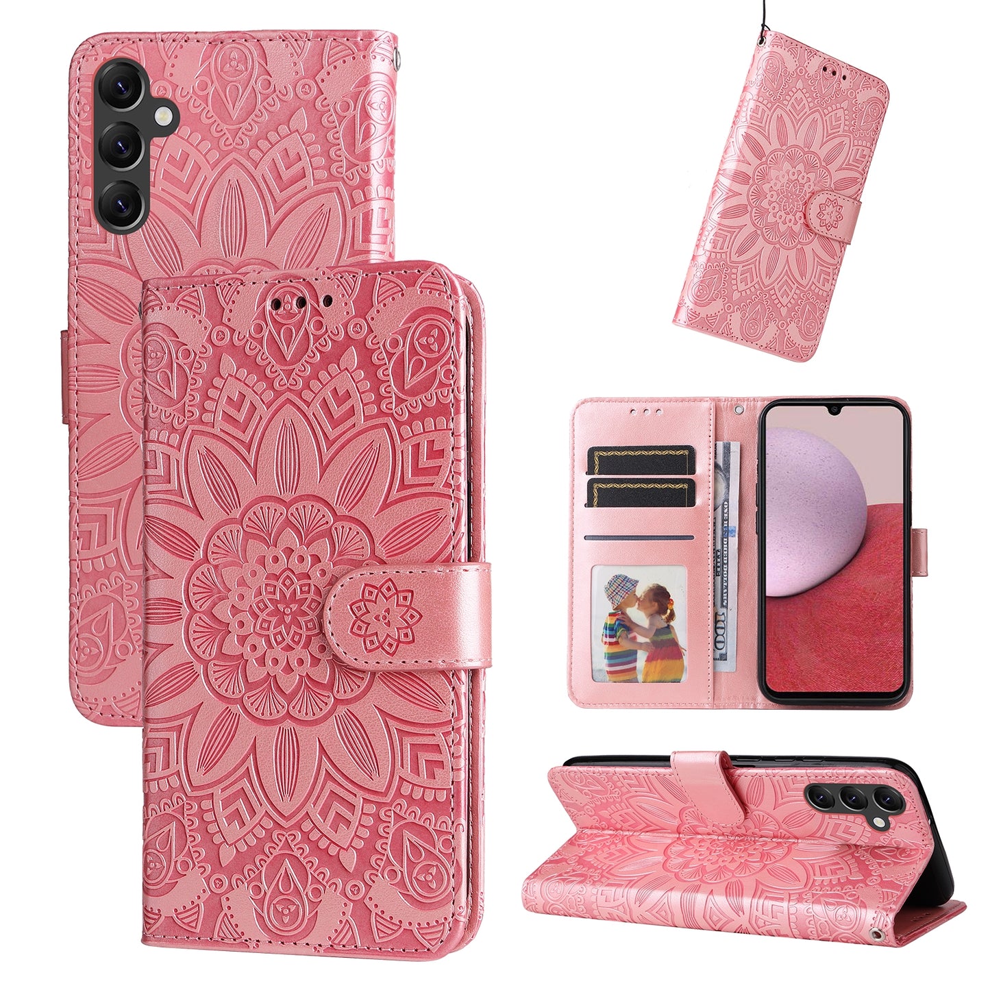 Samsung Galaxy A14 5G Sunflower Embossed Leather Wallet Phone Case with Kickstand and Card Holder