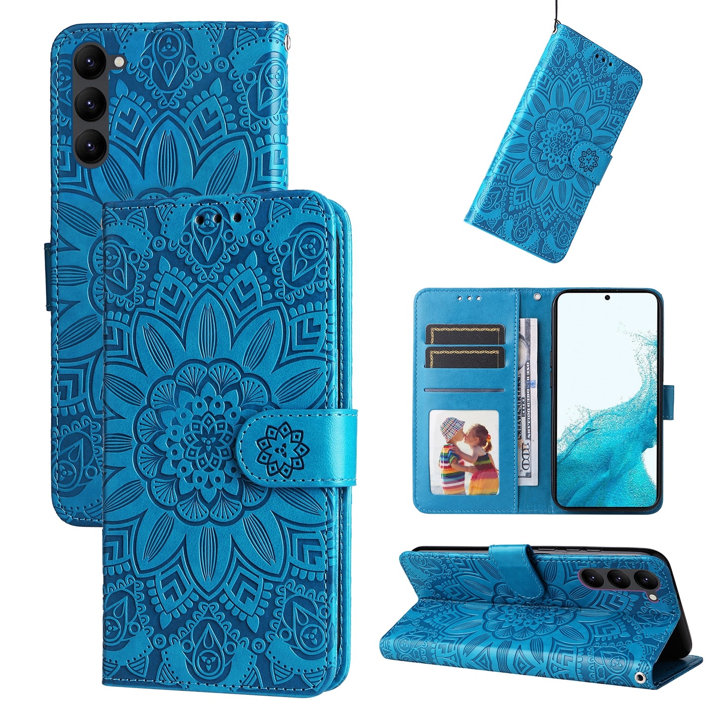 Samsung Galaxy S23 5G Sunflower Embossed Leather Wallet Phone Case with Kickstand and Card Holder