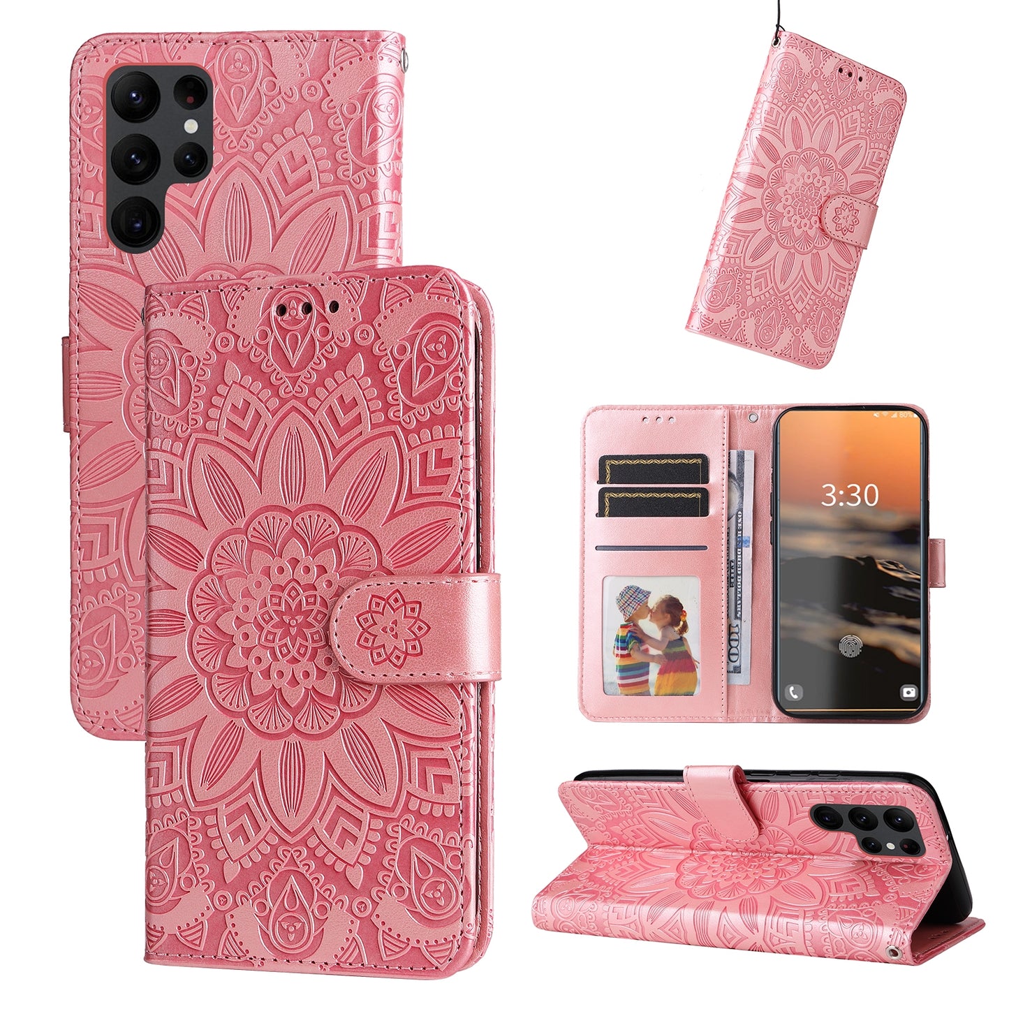 Samsung Galaxy S23 Ultra 5G Sunflower Embossed Leather Wallet Phone Case with Kickstand and Card Holder