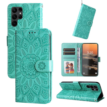 Samsung Galaxy S23 Ultra 5G Sunflower Embossed Leather Wallet Phone Case with Kickstand and Card Holder