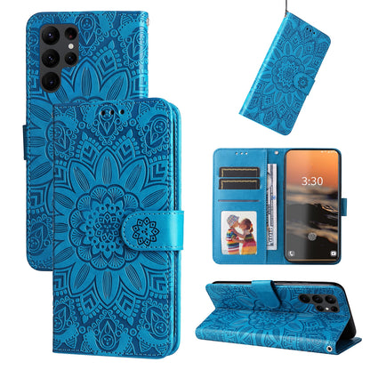 Samsung Galaxy S23 Ultra 5G Sunflower Embossed Leather Wallet Phone Case with Kickstand and Card Holder