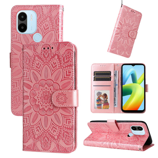 Xiaomi Redmi A1+ Sunflower Embossed Leather Wallet Phone Case with Kickstand and Card Holder