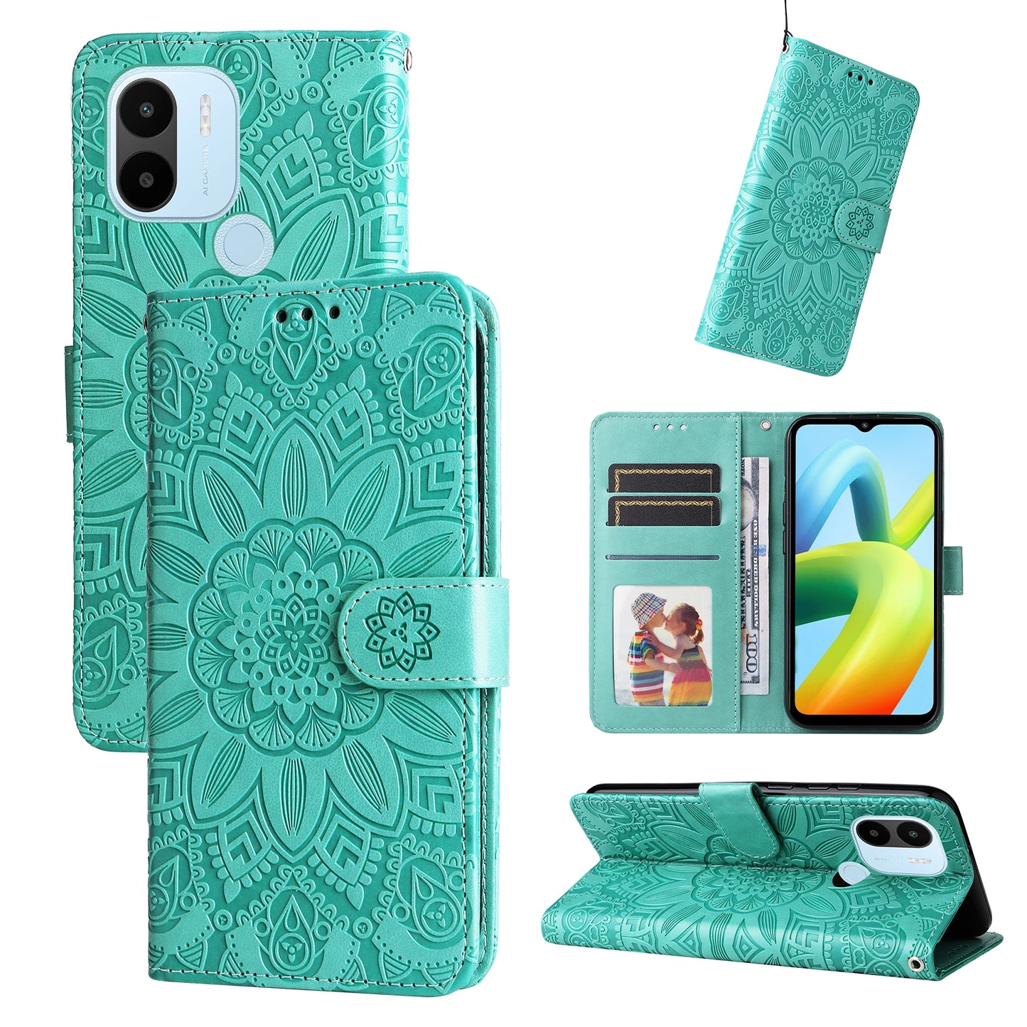 Xiaomi Redmi A1+ Sunflower Embossed Leather Wallet Phone Case with Kickstand and Card Holder