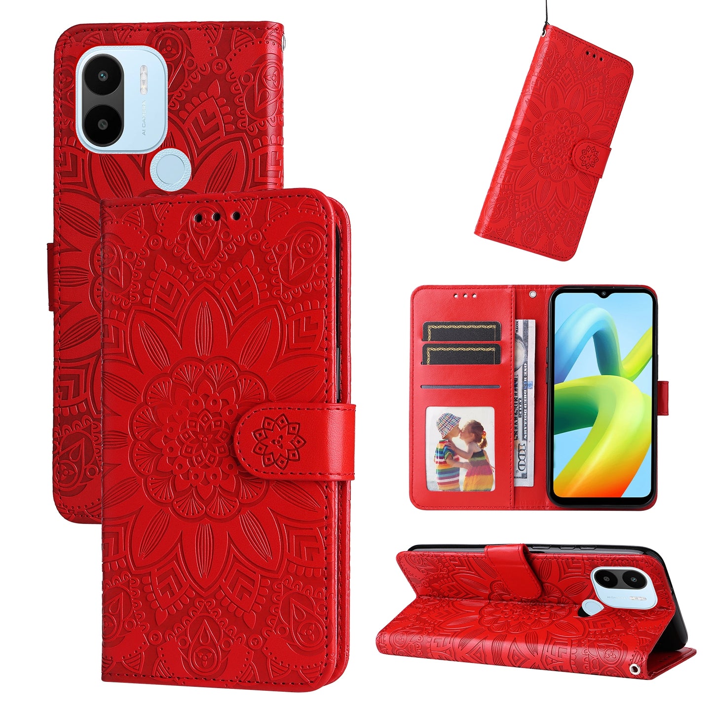 Xiaomi Redmi A1+ Sunflower Embossed Leather Wallet Phone Case with Kickstand and Card Holder