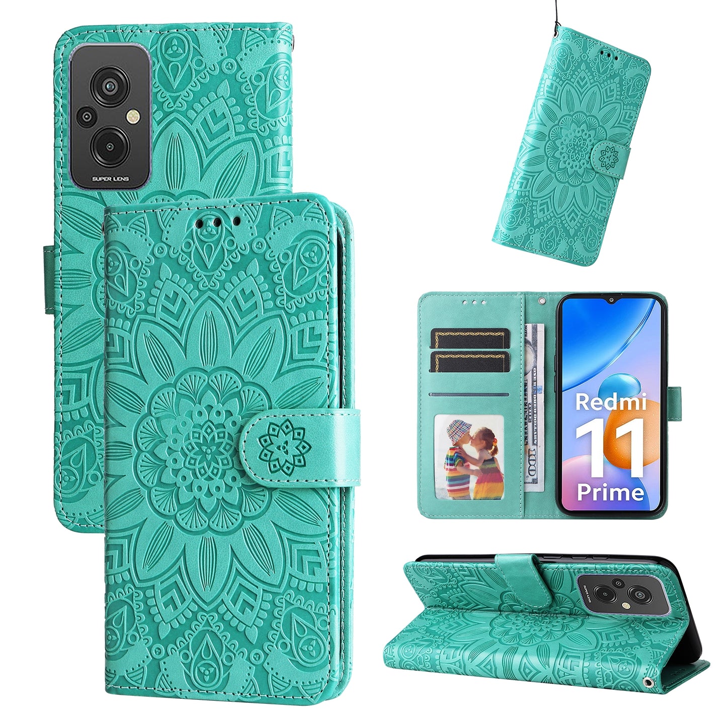 Xiaomi Redmi 11 Prime 4G Sunflower Embossed Leather Wallet Phone Case with Kickstand and Card Holder