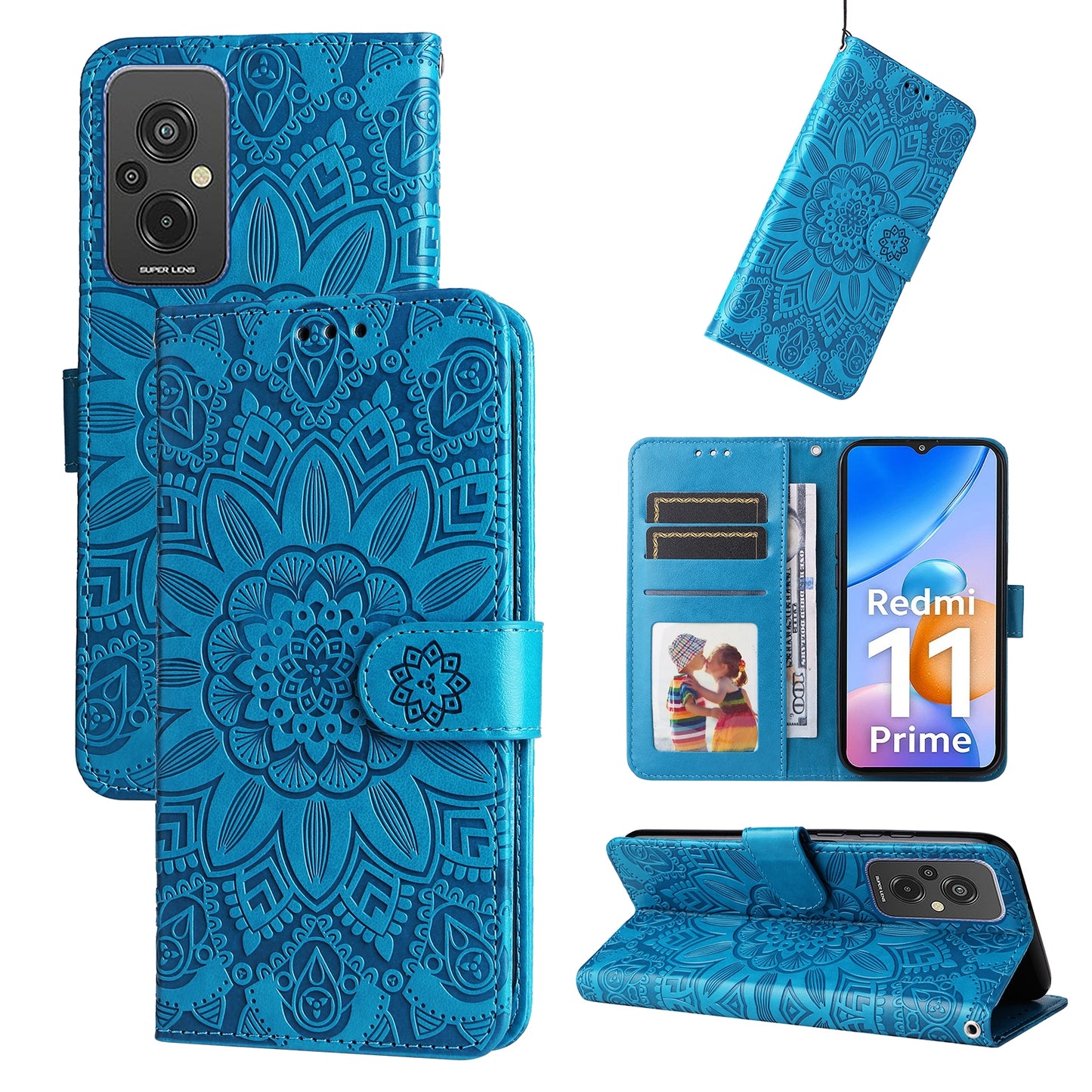 Xiaomi Redmi 11 Prime 4G Sunflower Embossed Leather Wallet Phone Case with Kickstand and Card Holder