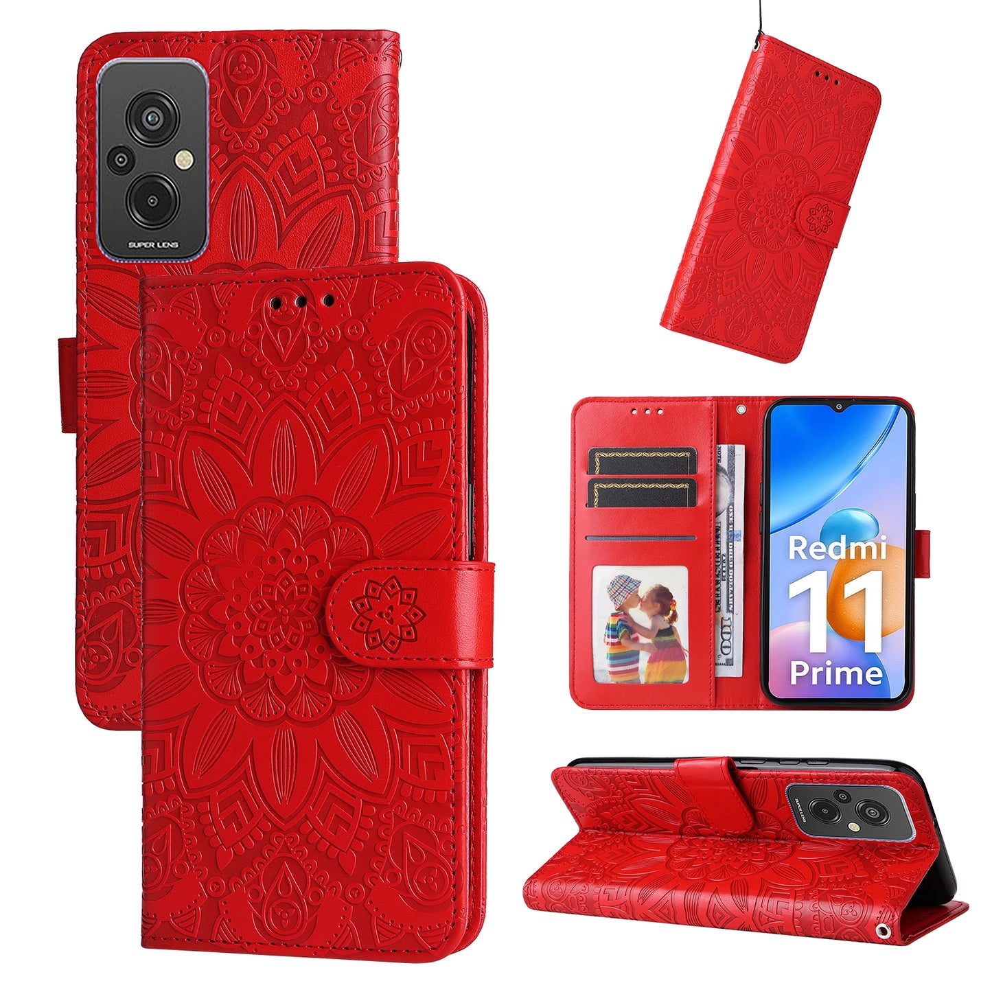 Xiaomi Redmi 11 Prime 4G Sunflower Embossed Leather Wallet Phone Case with Kickstand and Card Holder