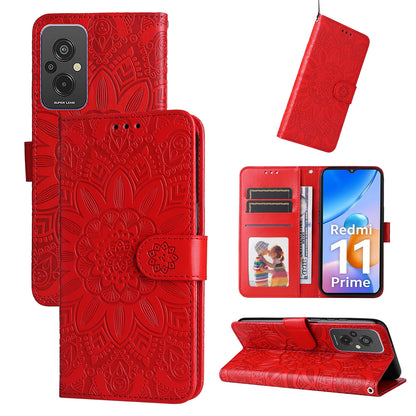 Xiaomi Redmi 11 Prime 4G Sunflower Embossed Leather Wallet Phone Case with Kickstand and Card Holder