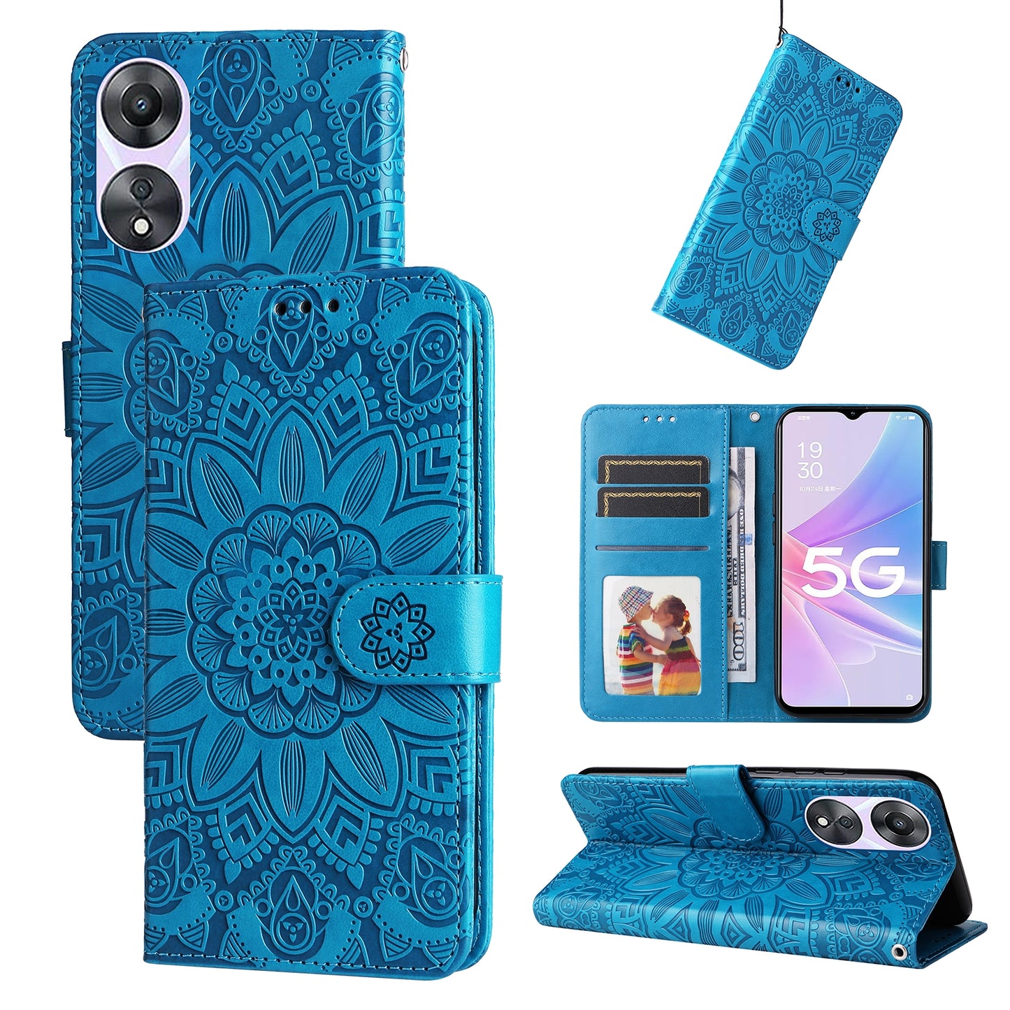 OPPO A58 5G Sunflower Embossed Leather Wallet Phone Case with Kickstand and Card Holder