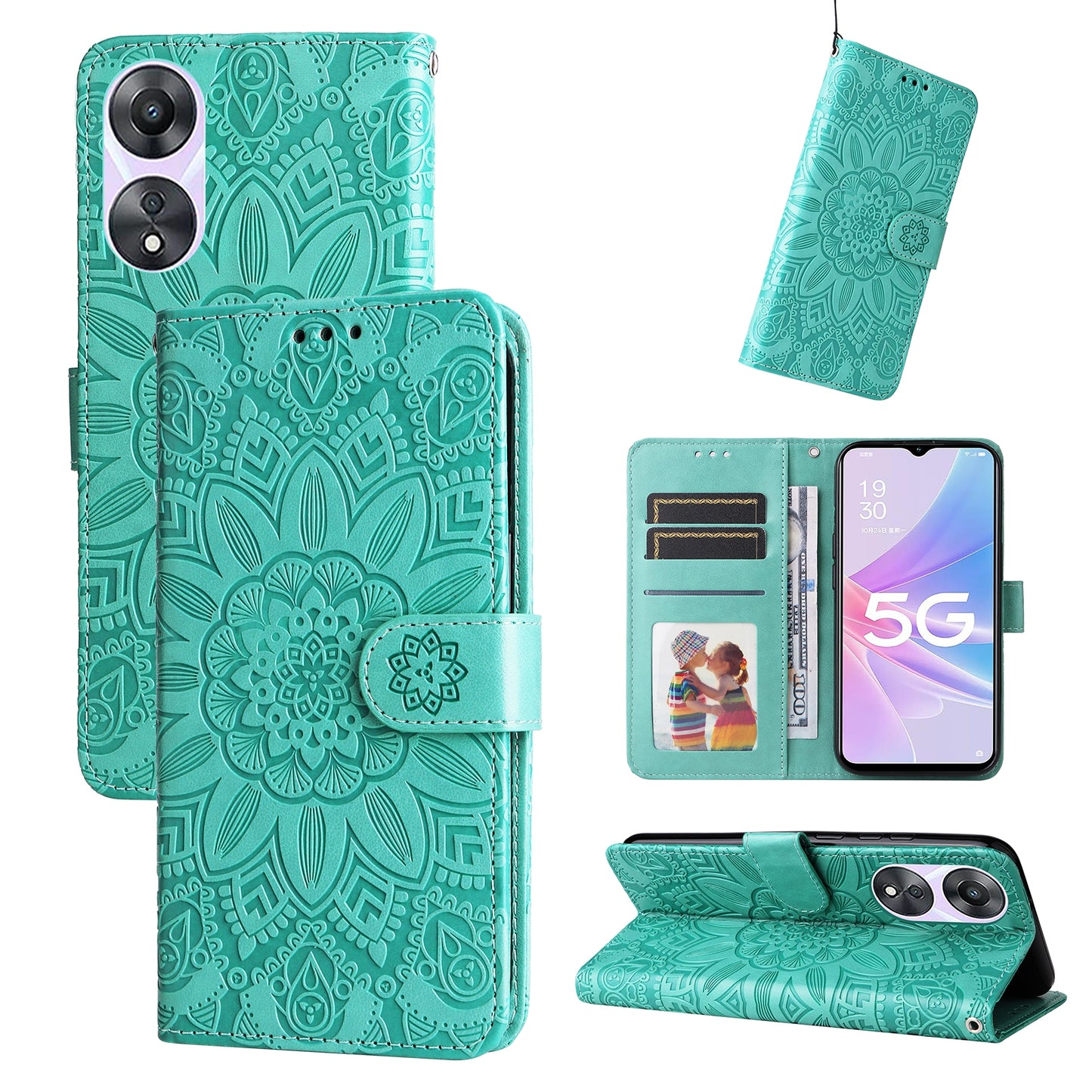 OPPO A58 5G Sunflower Embossed Leather Wallet Phone Case with Kickstand and Card Holder