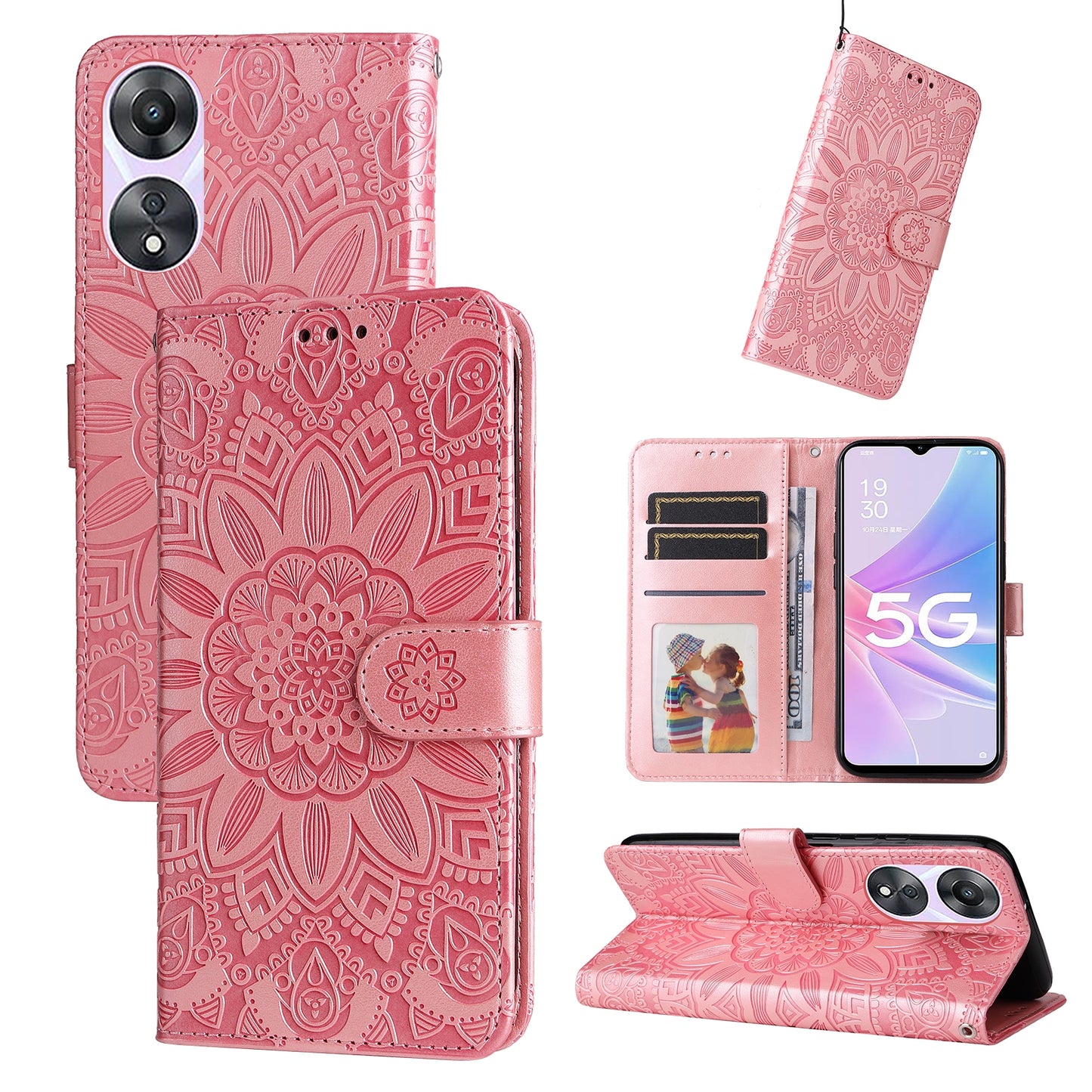 OPPO A58 5G Sunflower Embossed Leather Wallet Phone Case with Kickstand and Card Holder