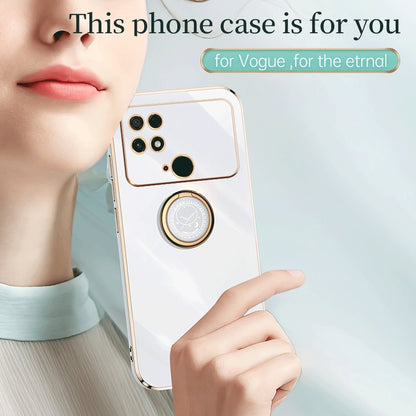 Xiaomi Poco C40 Tough TPU Phone Case with 6D Electroplate, Straight Edge Design, and Comfortable Ring Holder