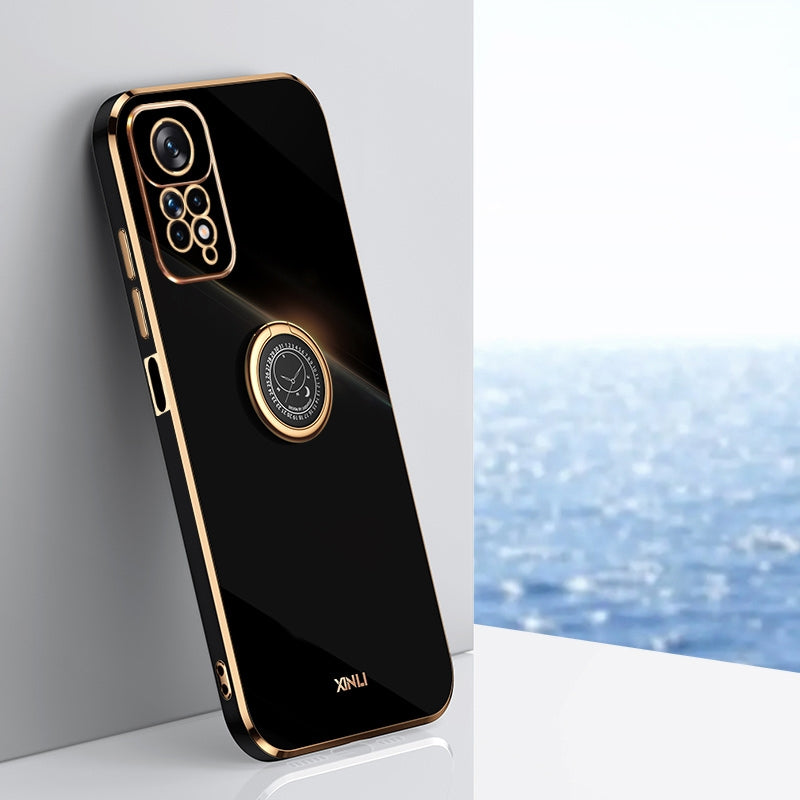 Xiaomi Redmi Note 11 Pro 4G/5G Tough TPU Phone Case with 6D Electroplate, Straight Edge Design, and Comfortable Ring Holder