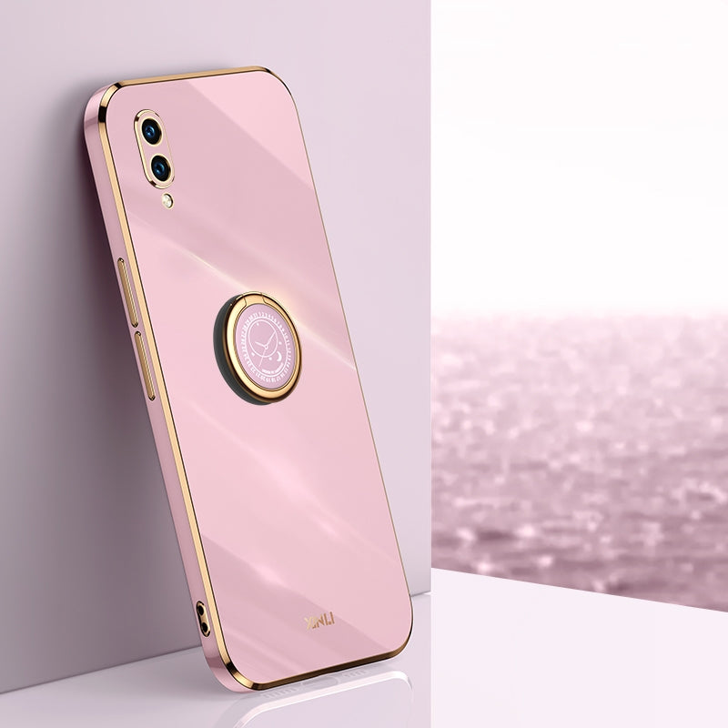 Huawei Enjoy 9 Tough TPU Phone Case with 6D Electroplate, Straight Edge Design, and Comfortable Ring Holder