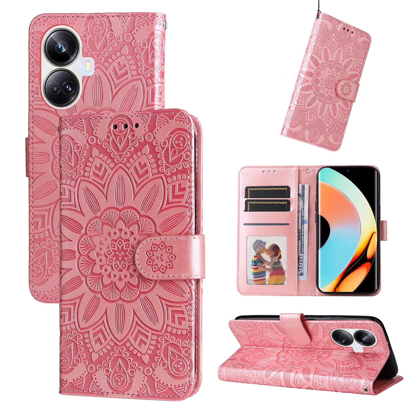 Realme 10 Pro+ 5G Sunflower Embossed Leather Wallet Phone Case with Kickstand and Card Holder