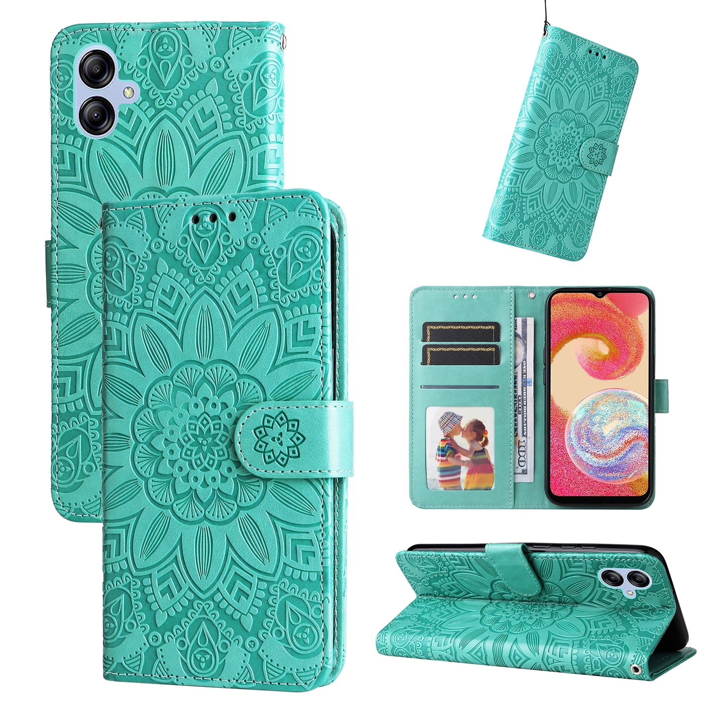 Samsung Galaxy A04e Sunflower Embossed Leather Wallet Phone Case with Kickstand and Card Holder