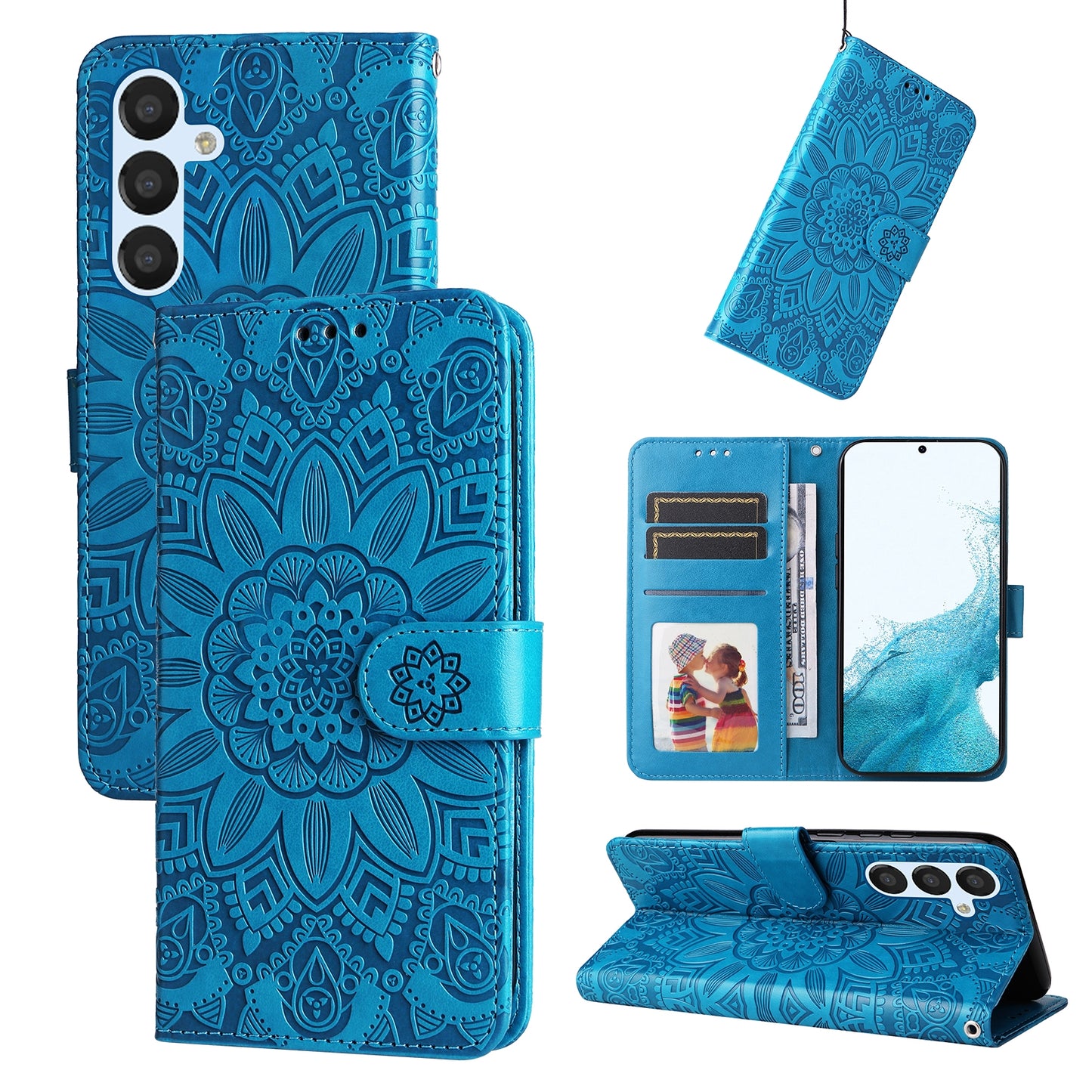 Samsung Galaxy A34 5G Sunflower Embossed Leather Wallet Phone Case with Kickstand and Card Holder