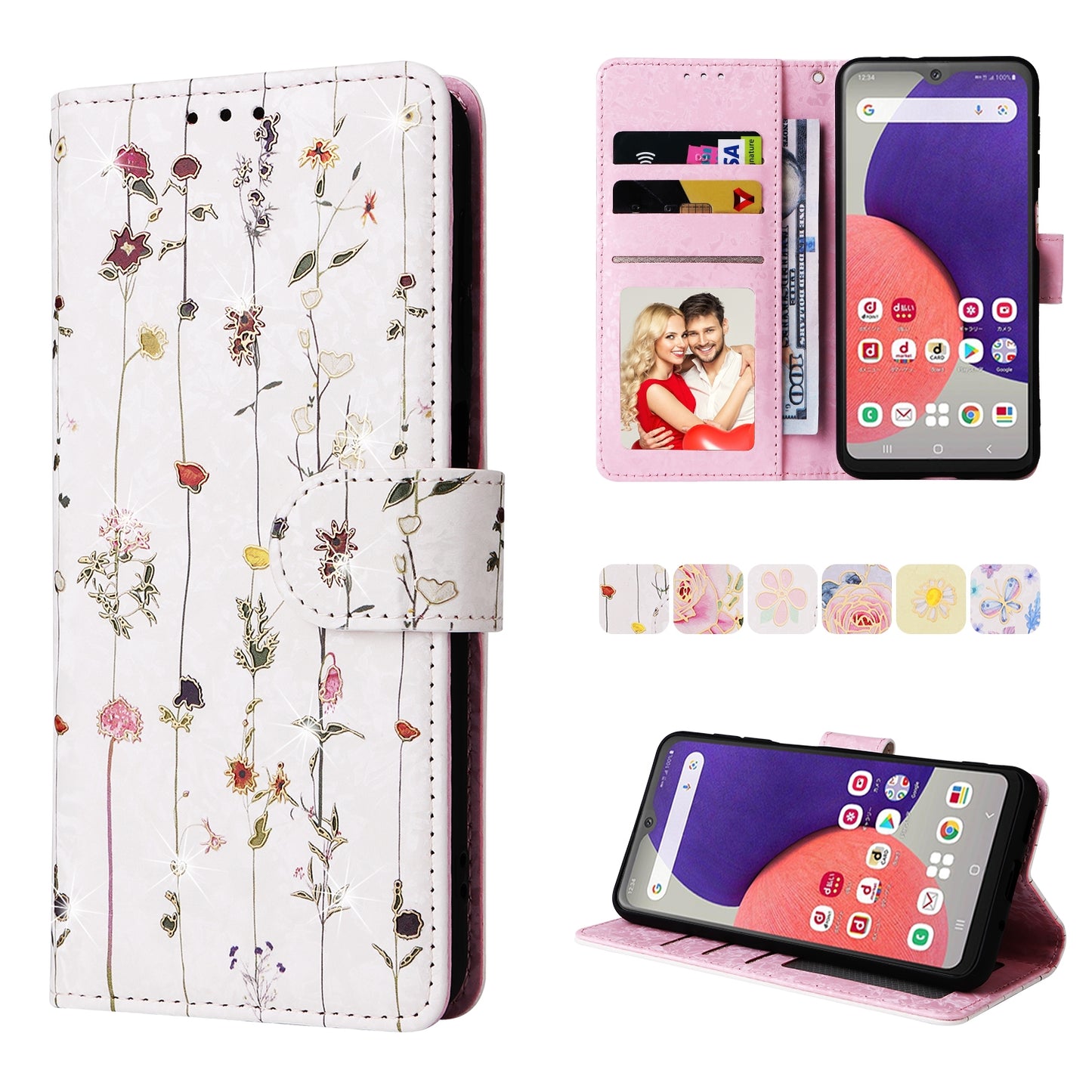 Samsung Galaxy A22e 5G Luxury Bronzing Leather Case - Floral RFID Wallet Cover with Stand & Card Slots