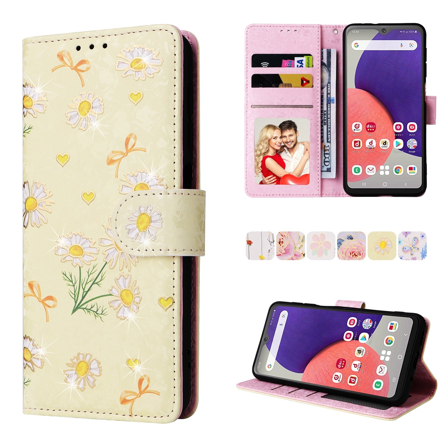 Samsung Galaxy A22e 5G Luxury Bronzing Leather Case - Floral RFID Wallet Cover with Stand & Card Slots