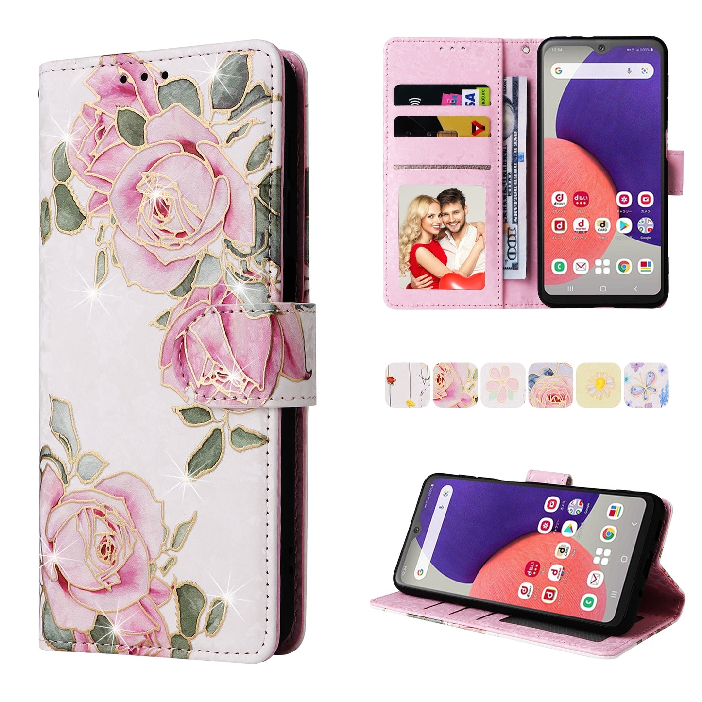 Samsung Galaxy A22e 5G Luxury Bronzing Leather Case - Floral RFID Wallet Cover with Stand & Card Slots