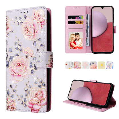 Samsung Galaxy A14 5G Luxury Bronzing Leather Case - Floral RFID Wallet Cover with Stand & Card Slots