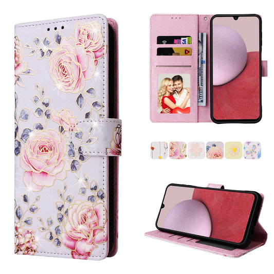 Samsung Galaxy A14 5G Luxury Bronzing Leather Case - Floral RFID Wallet Cover with Stand & Card Slots