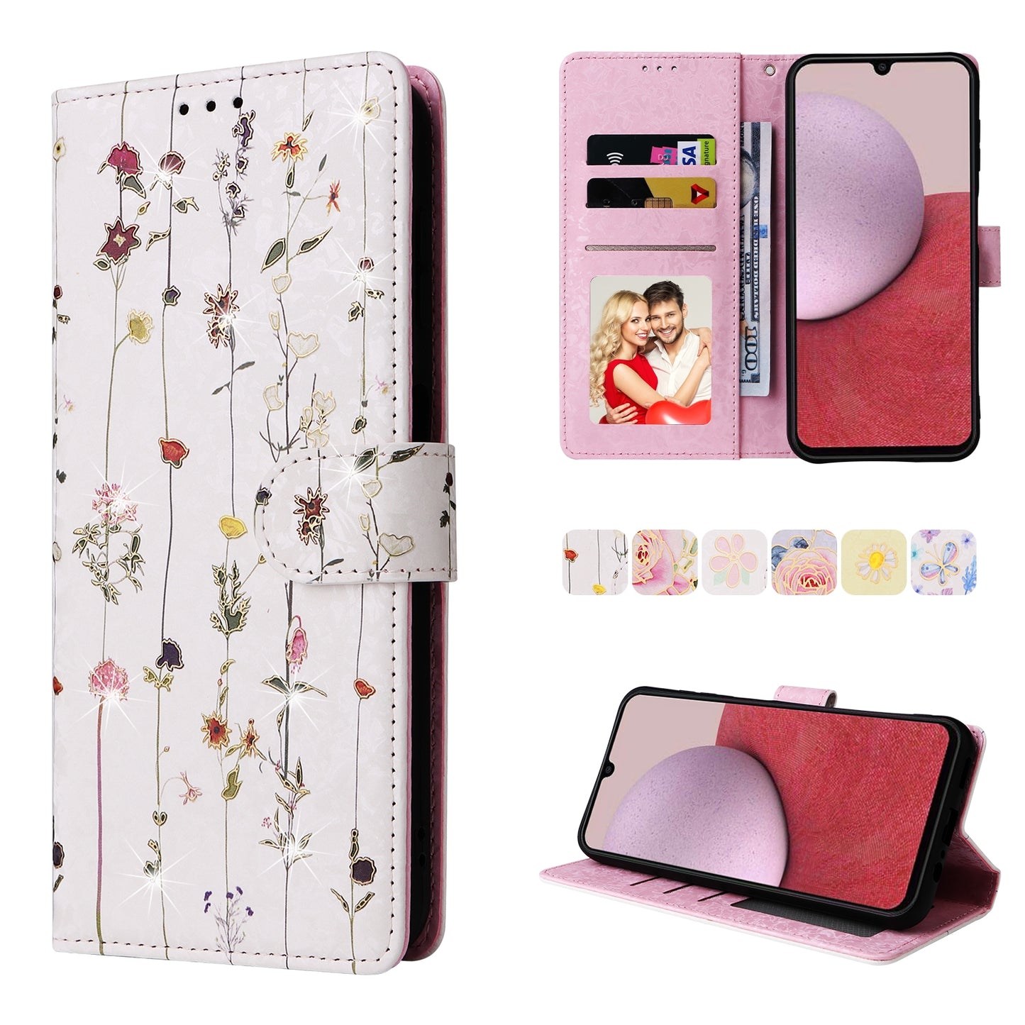 Samsung Galaxy A14 5G Luxury Bronzing Leather Case - Floral RFID Wallet Cover with Stand & Card Slots