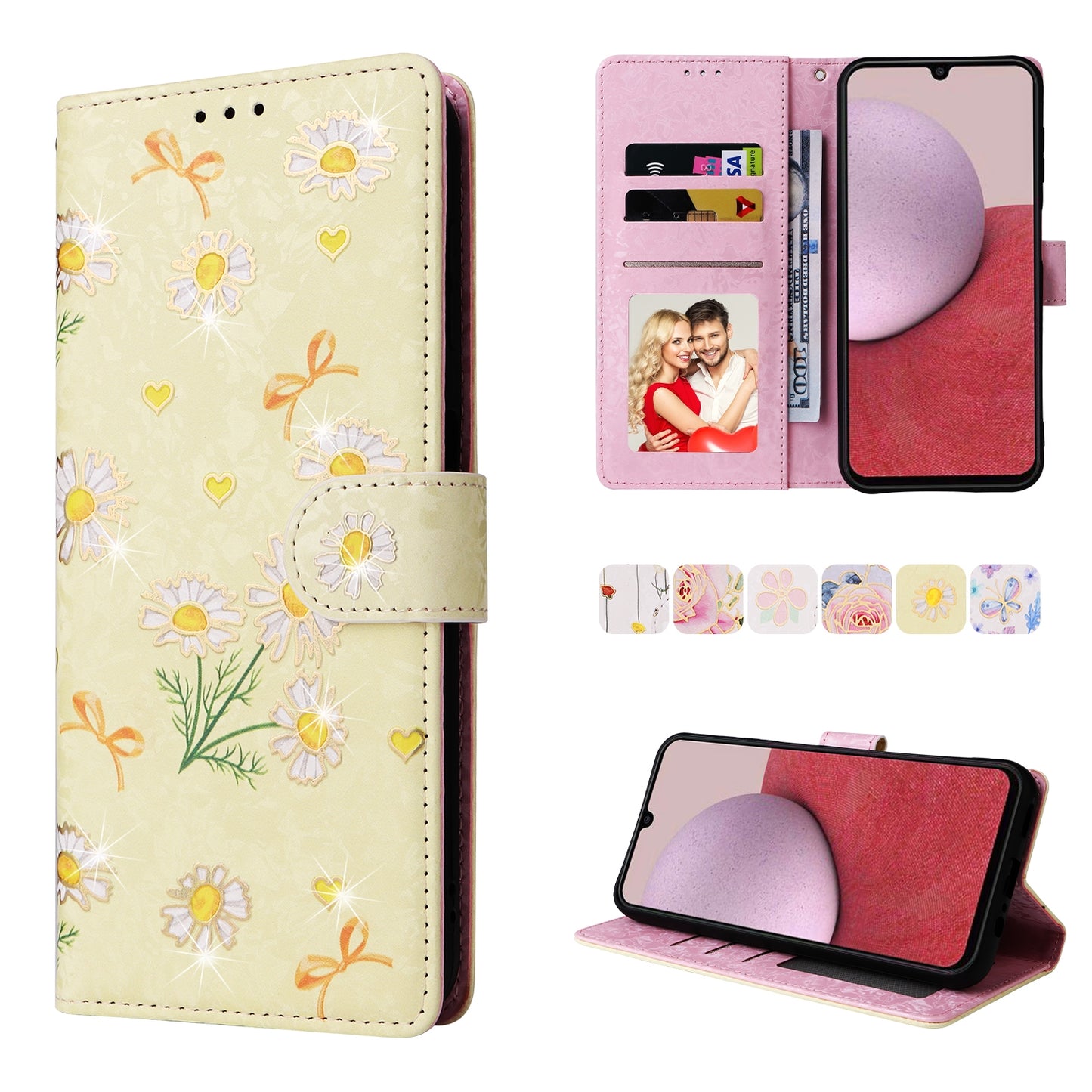 Samsung Galaxy A14 5G Luxury Bronzing Leather Case - Floral RFID Wallet Cover with Stand & Card Slots