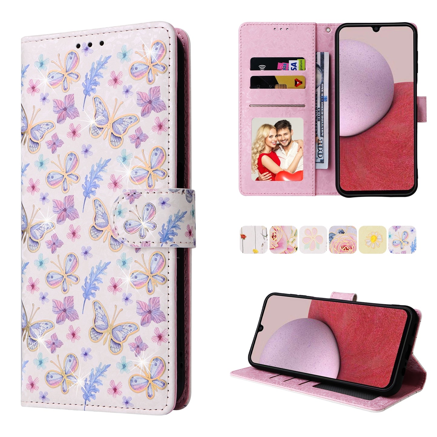 Samsung Galaxy A14 5G Luxury Bronzing Leather Case - Floral RFID Wallet Cover with Stand & Card Slots