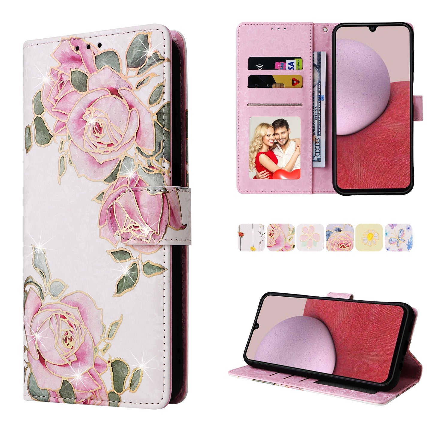 Samsung Galaxy A14 5G Luxury Bronzing Leather Case - Floral RFID Wallet Cover with Stand & Card Slots