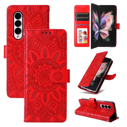 Samsung Galaxy Z Fold3 5G Sunflower Embossed Leather Wallet Phone Case with Kickstand and Card Holder