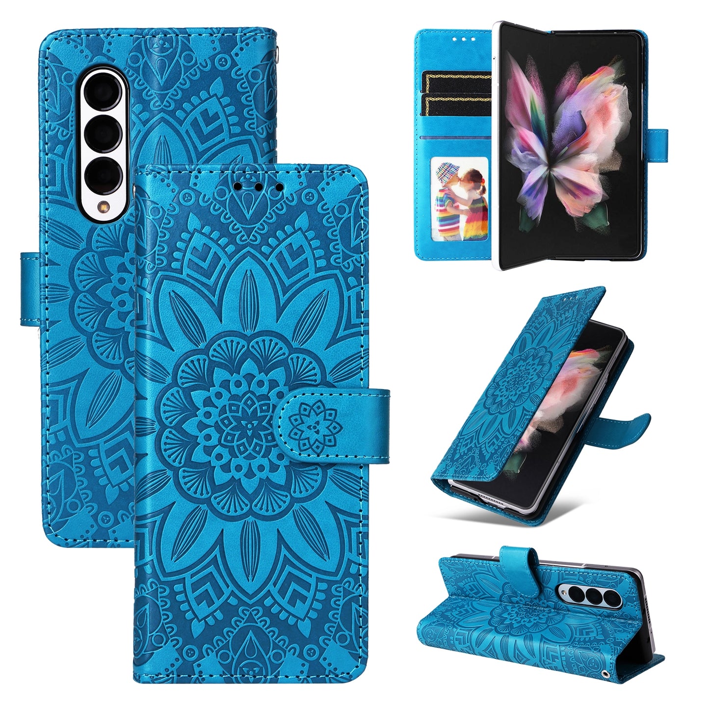 Samsung Galaxy Z Fold3 5G Sunflower Embossed Leather Wallet Phone Case with Kickstand and Card Holder