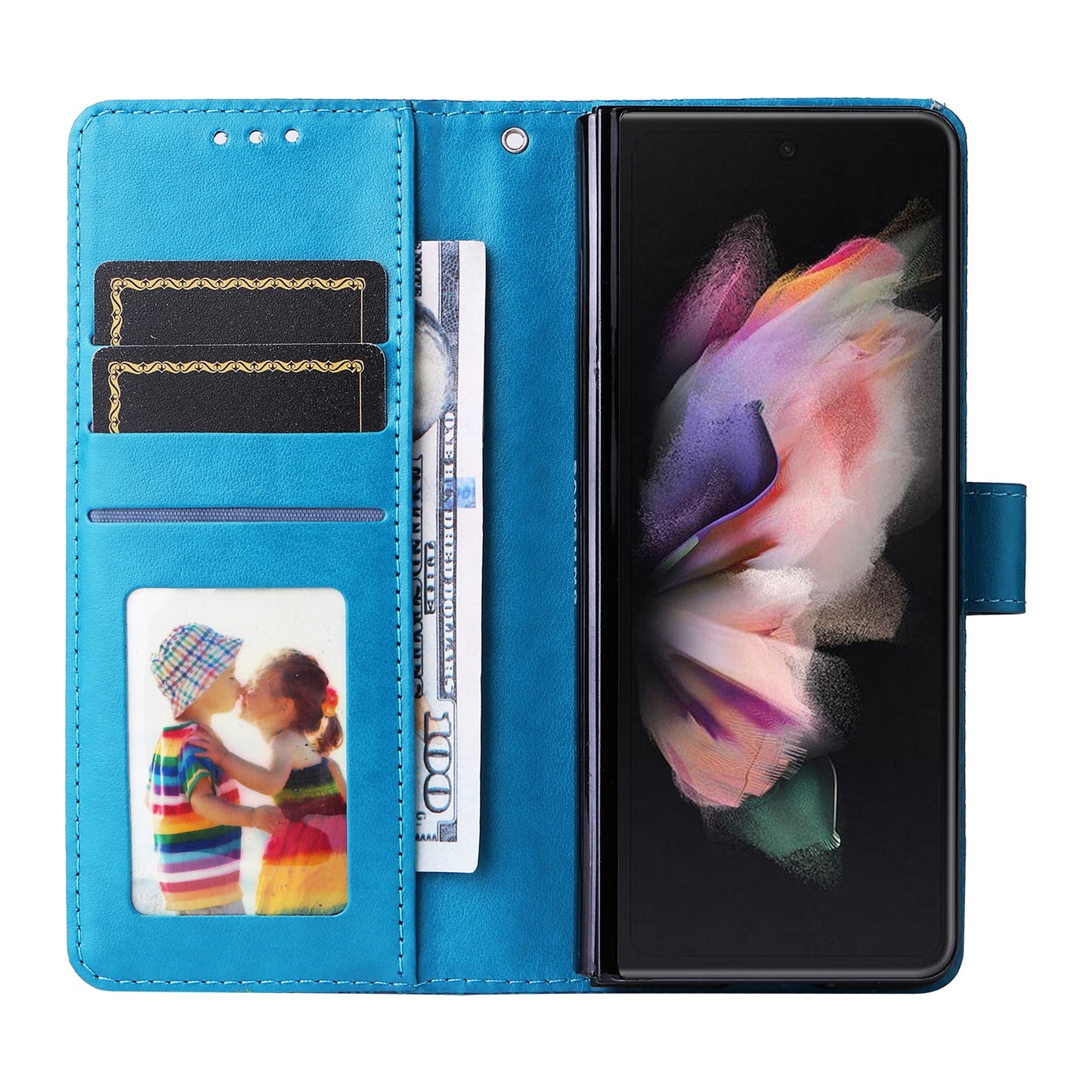 Samsung Galaxy Z Fold3 5G Sunflower Embossed Leather Wallet Phone Case with Kickstand and Card Holder